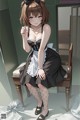 A woman in a maid outfit sitting on a chair.