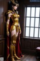 A woman dressed in a golden armor standing in front of a window.