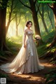 A woman in a wedding dress walking through a forest.